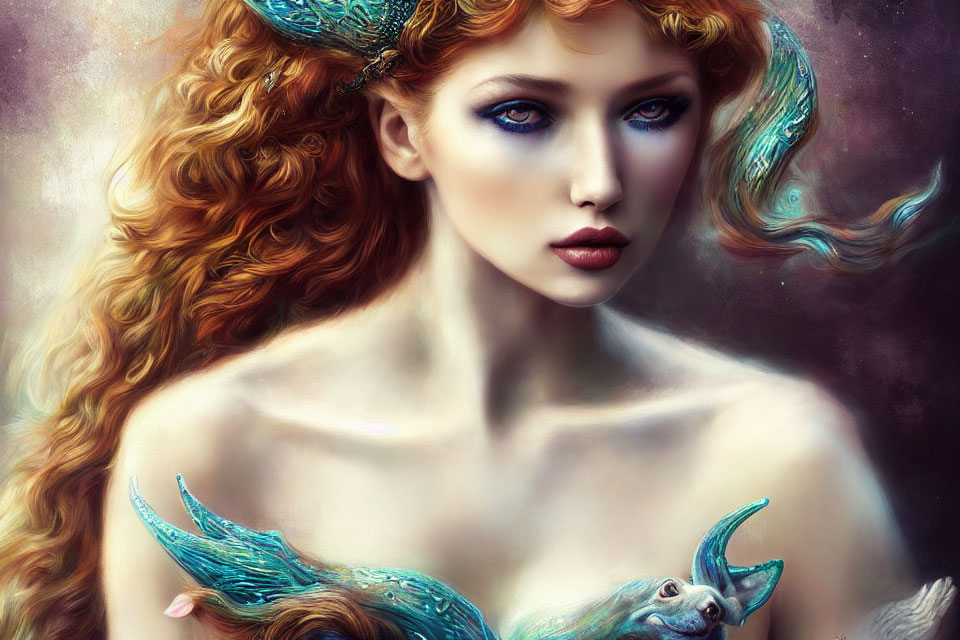 Ethereal woman with red hair and blue eyes surrounded by fantastical blue-winged creatures