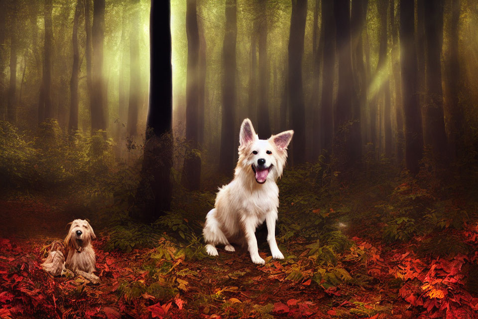 White Dog in Sunlit Forest with Red Leaves and Small Companion