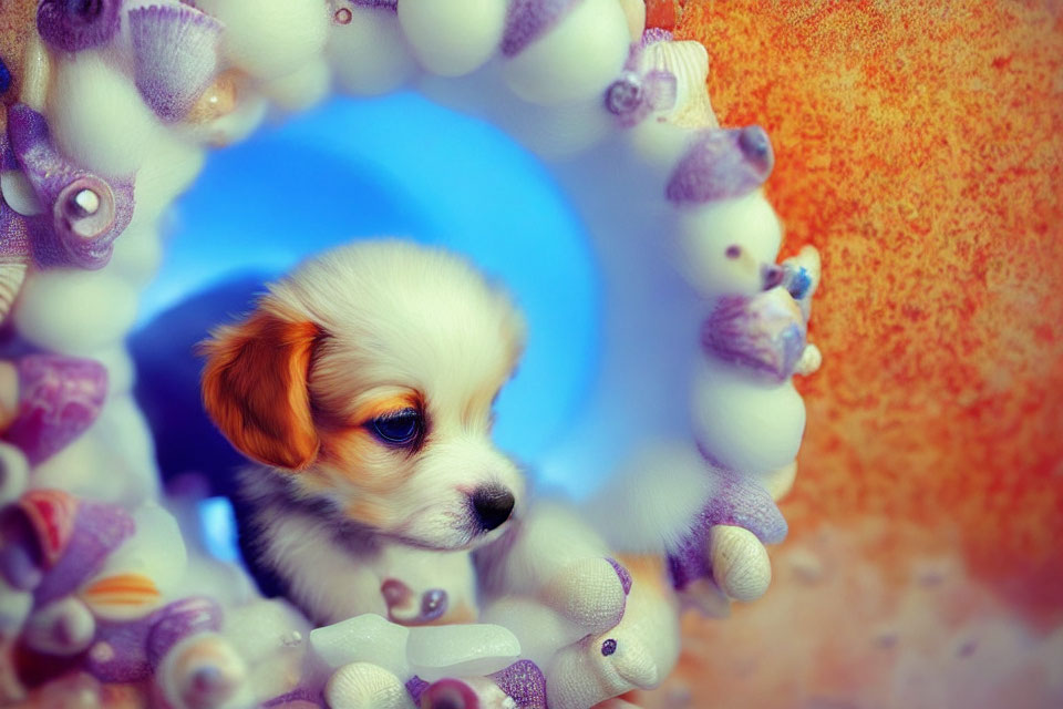 Fluffy white and brown puppy peeking through circular frame with sea shells on textured background