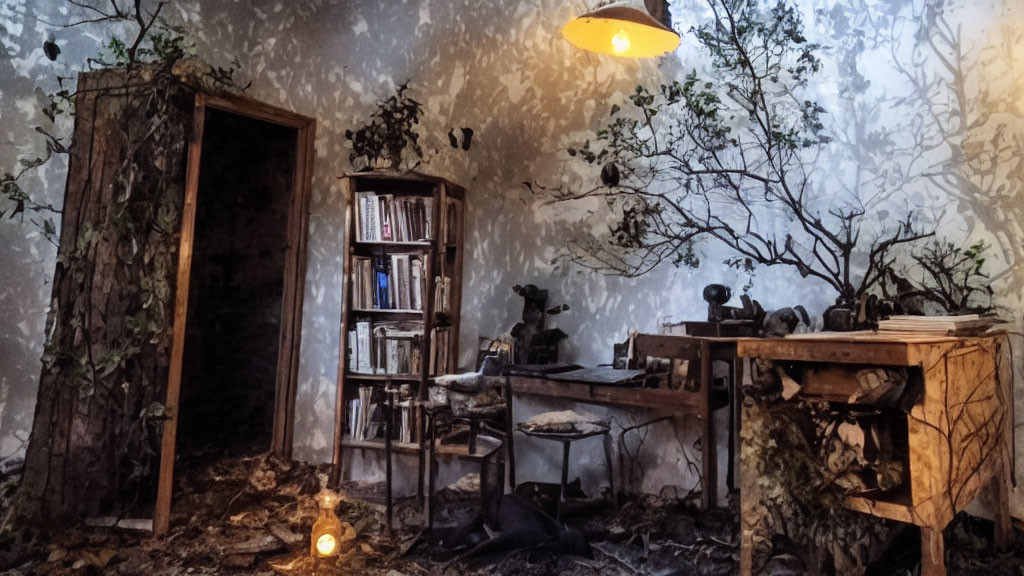 Surreal room with nature and vintage items for mysterious ambiance