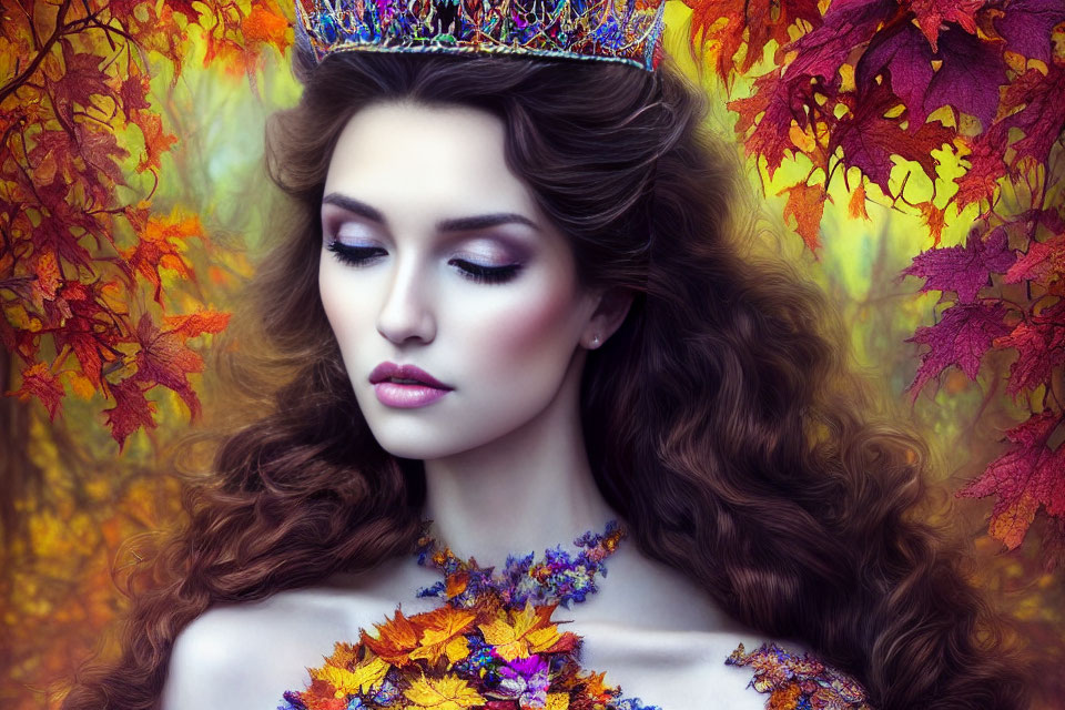 Woman adorned with crown and autumn leaves in serene autumn setting