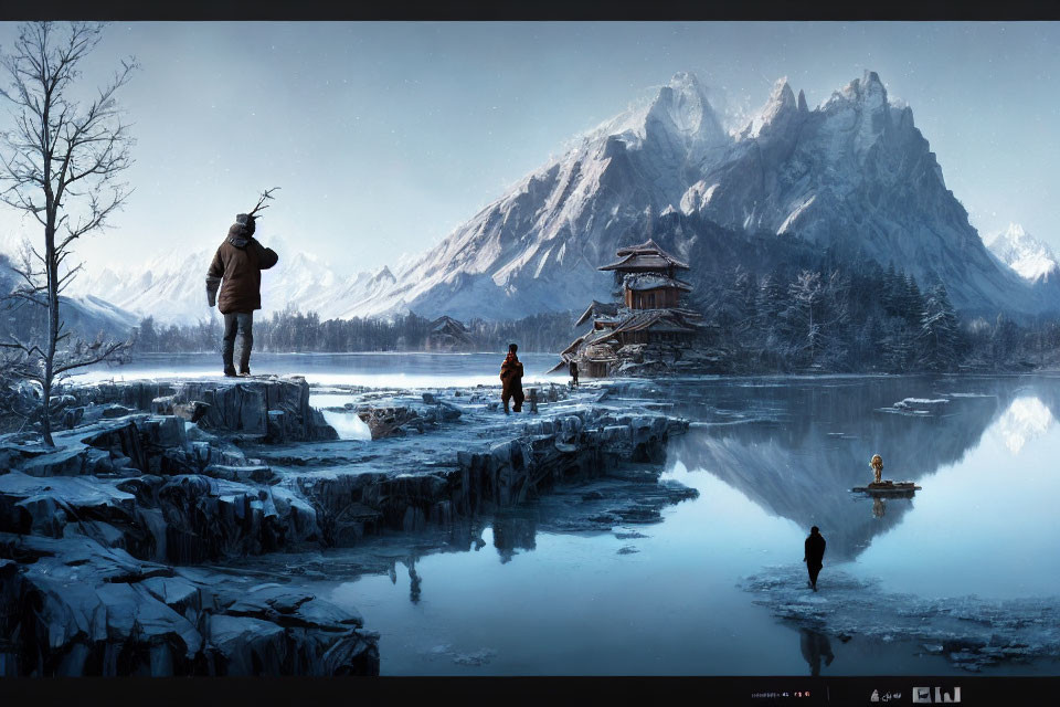 Snowy Mountains, Lake, People, Traditional Architecture, Twilight Sky