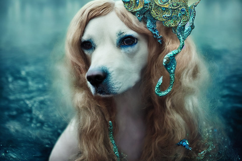 Surreal image: dog with human-like eyes and long wavy hair in ornate blue and