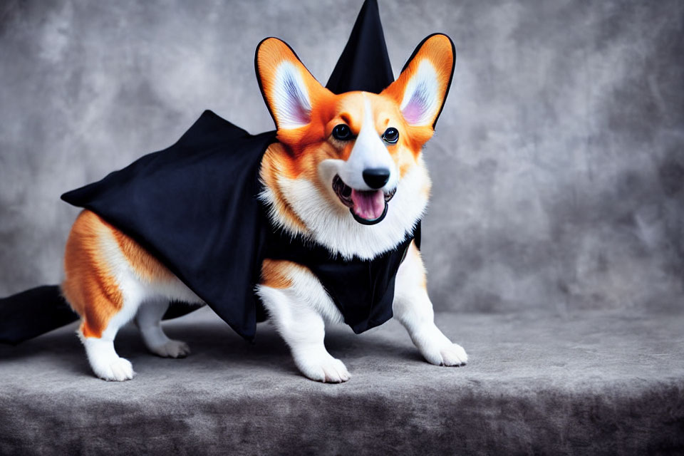 Adorable Corgi Dog in Bat Costume on Gray Background