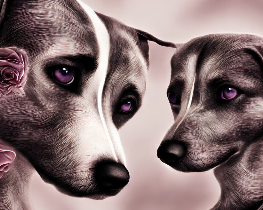 Stylized dogs with purple eyes and pink tone, one with rose adornment