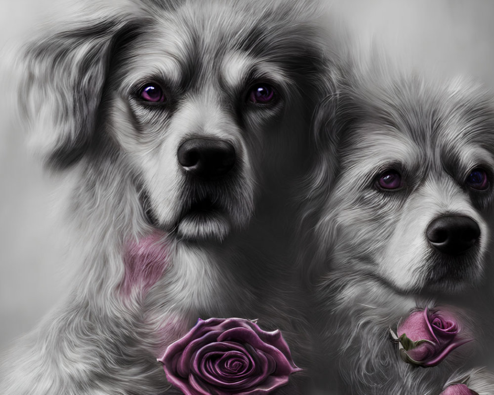 Two grey fluffy dogs with purple eyes and roses on a muted backdrop