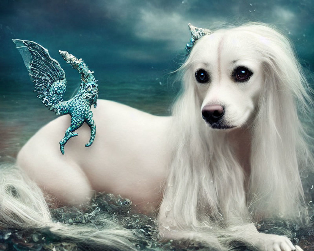 White Dog with Human-like Eyes and Winged Creature in Surreal Setting