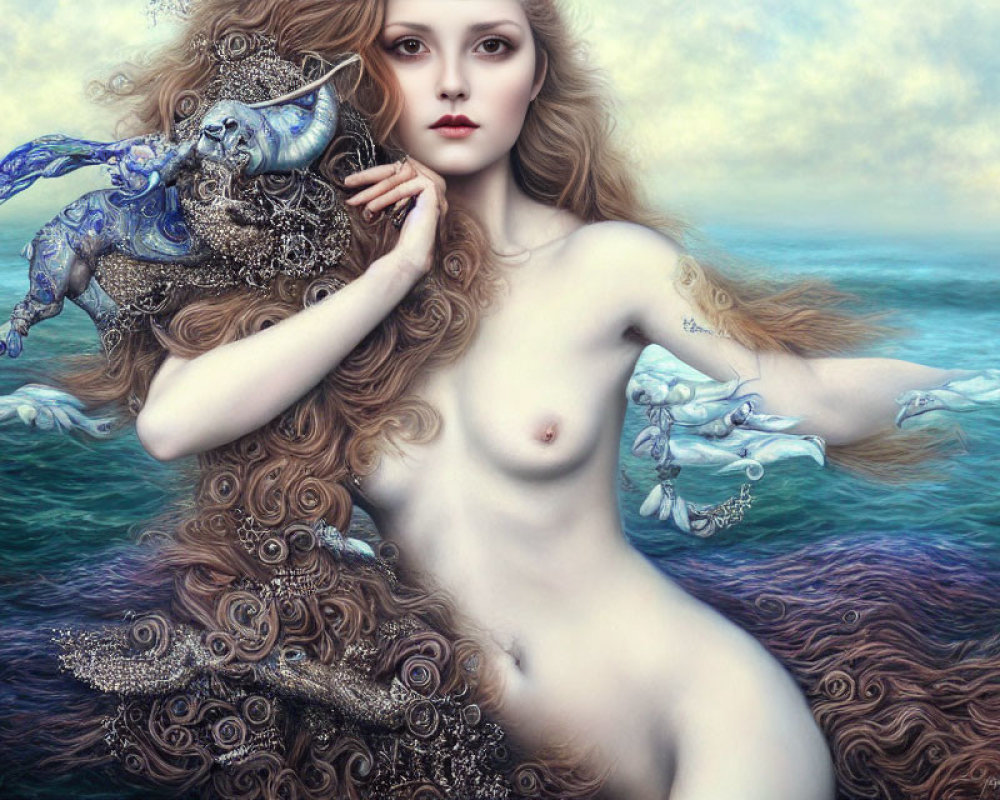 Fantastical painting of nude female with elephant mask and blue butterflies