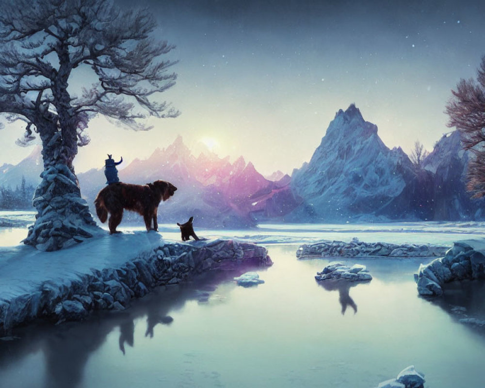 Winter landscape with lone tree, wolf, mountains, frozen lake, and starry sky