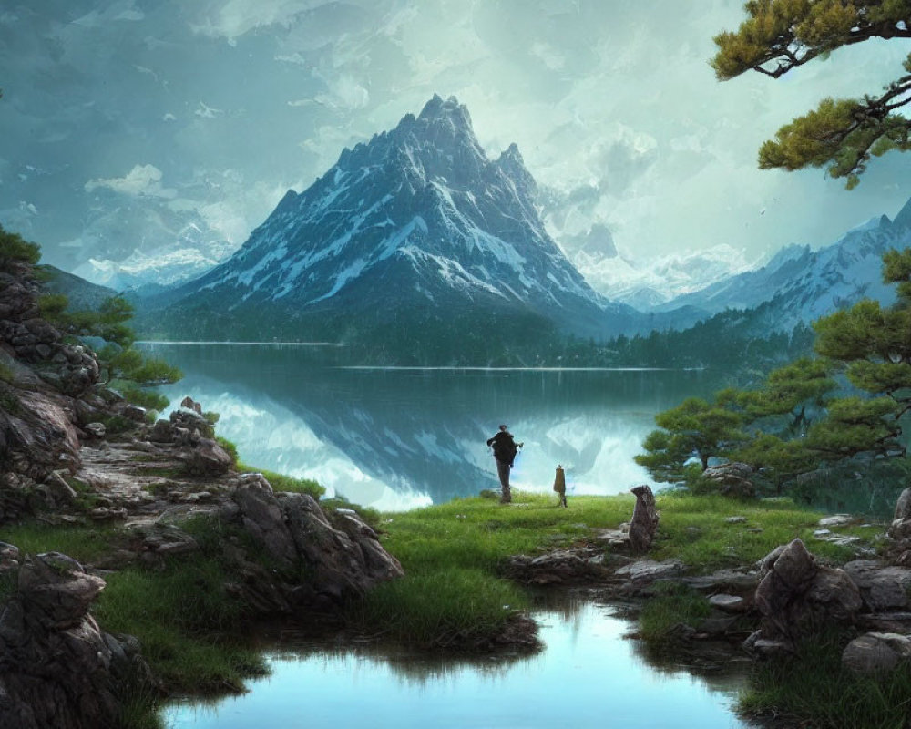 Tranquil mountain landscape with lake, figures, and greenery