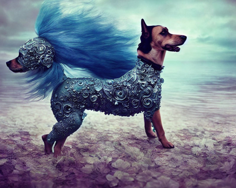 Ornate armored dog with blue mane on petal surface under moody sky