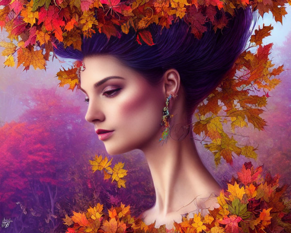 Digital artwork: Woman with purple updo & autumn leaves against vibrant background