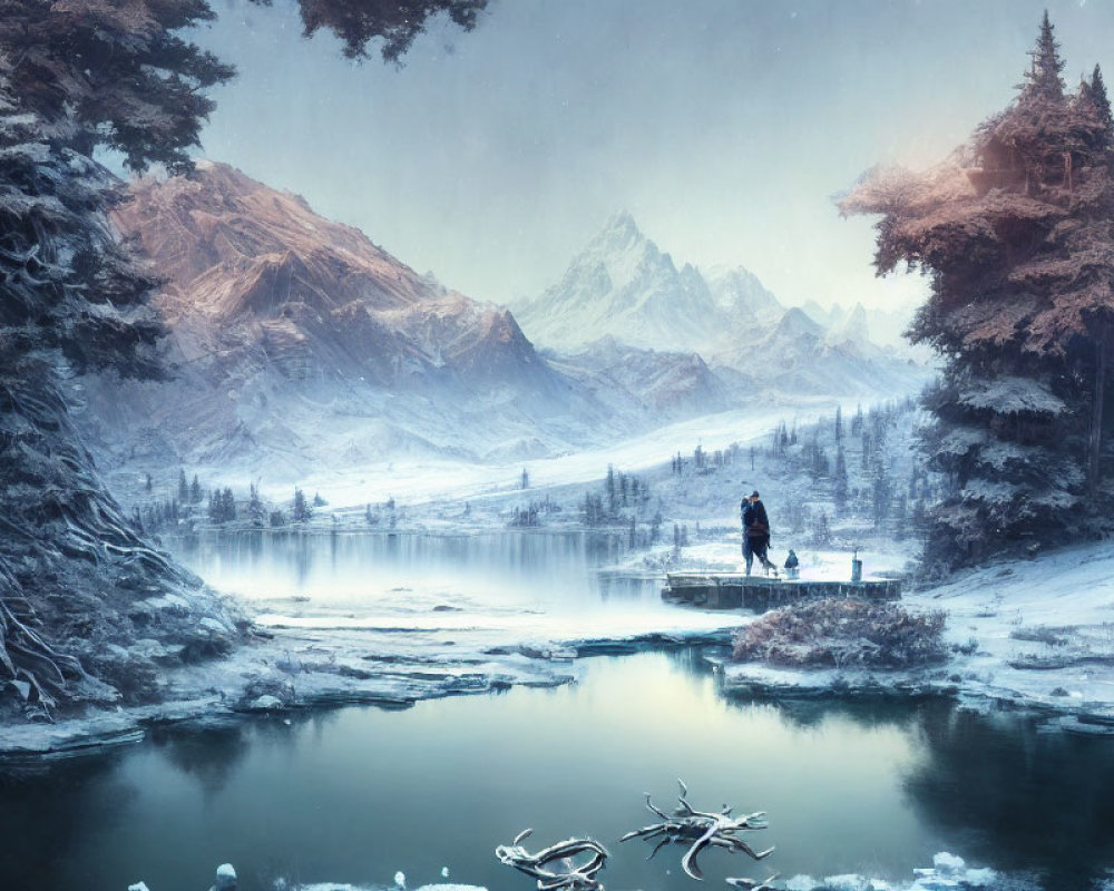 Snow-covered trees, mountains, person on dock: Serene winter landscape