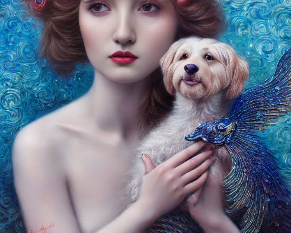 Porcelain-skinned woman with red curls holding a cream dog and blue peacock feather