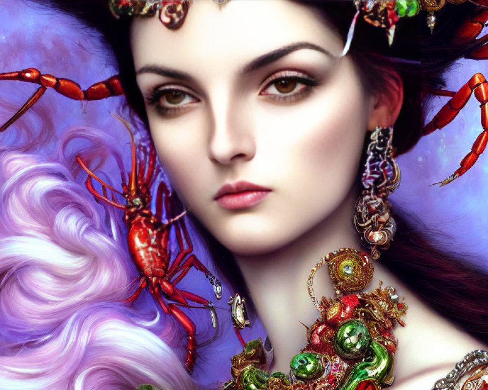 Woman with intricate jewelry and red crabs in white and purple hair on blue background