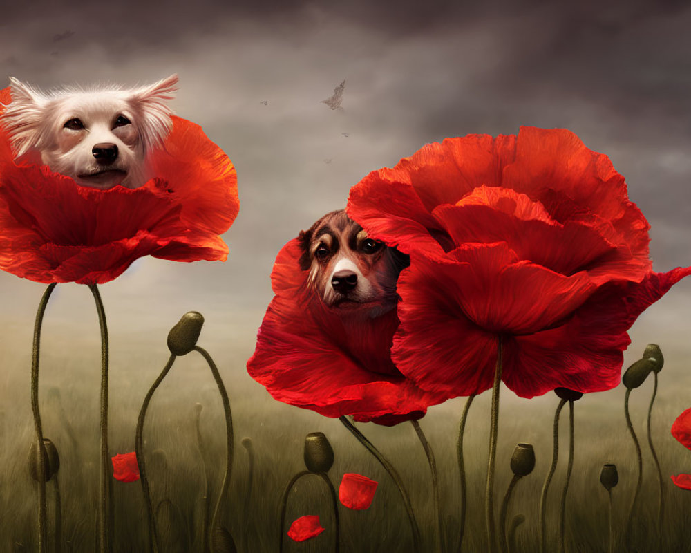 Whimsical double exposure of two dogs' heads on red poppies field