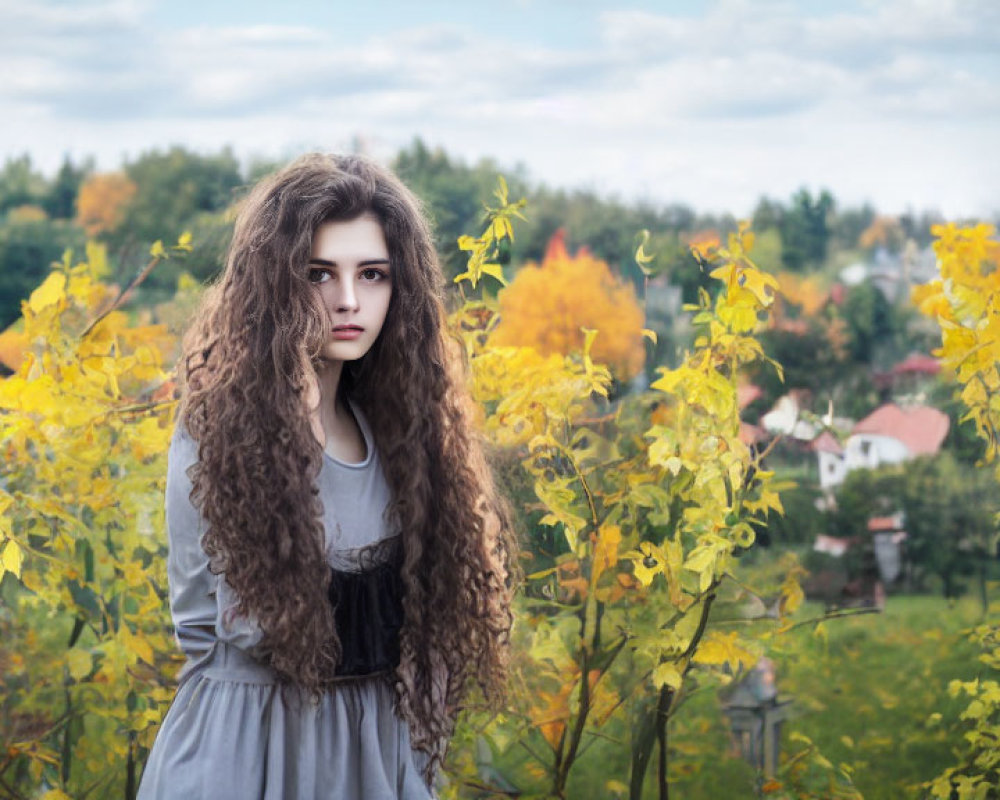 Young woman with curly hair in autumn setting with cloudy sky & houses.