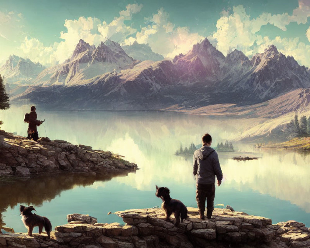 Person and dogs on rocky terrain by calm lake with mountains.