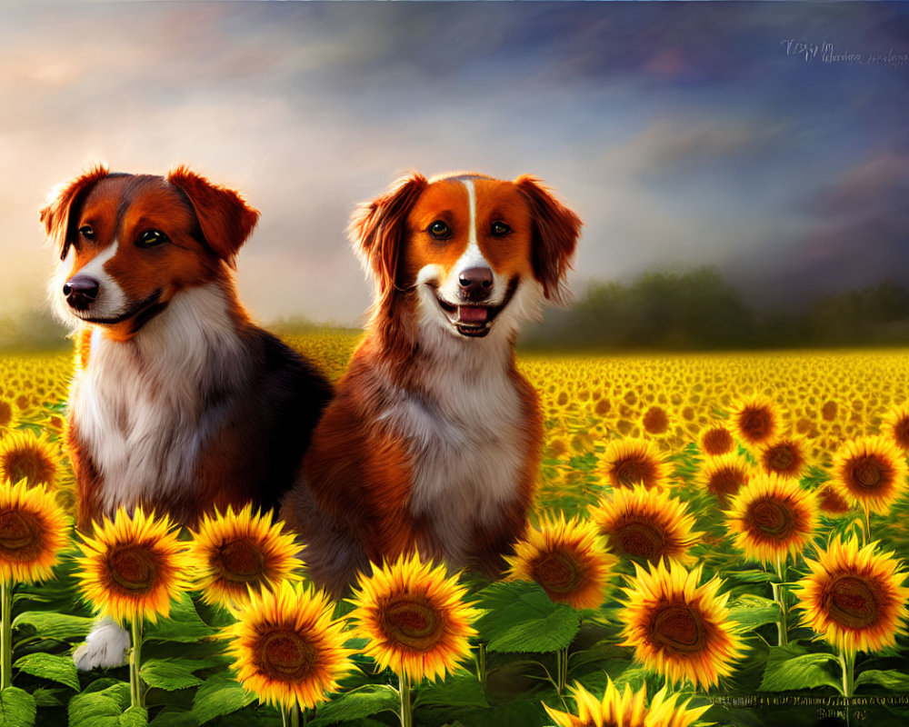 Two dogs in sunflower field under dramatic sky