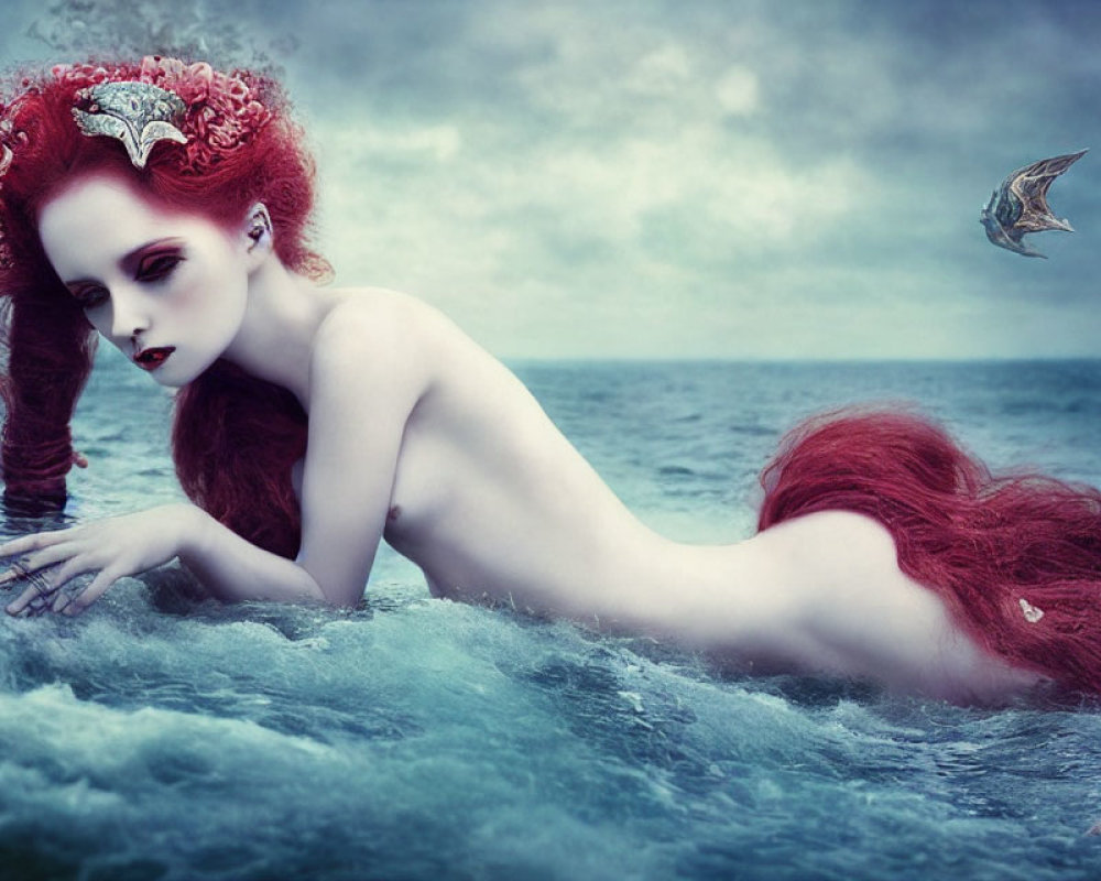 Surreal image of woman with red hair and horns on ocean waves