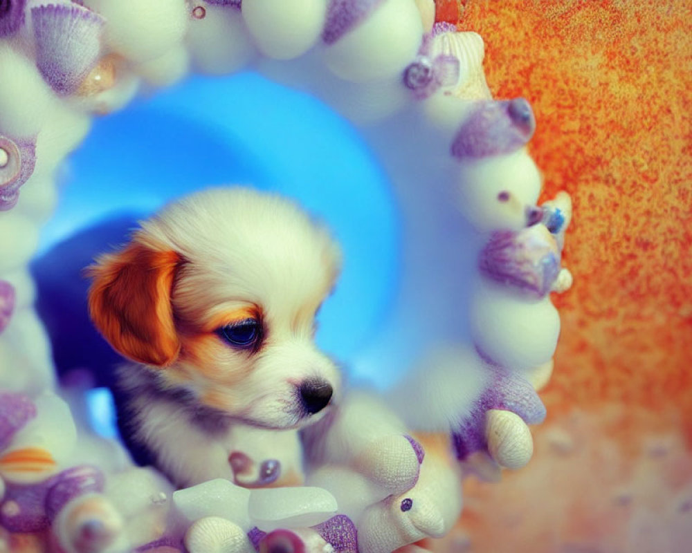 Fluffy white and brown puppy peeking through circular frame with sea shells on textured background