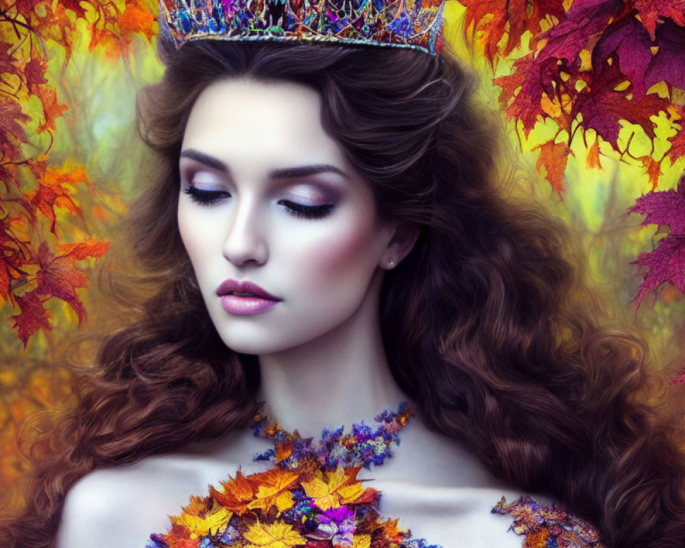 Woman adorned with crown and autumn leaves in serene autumn setting