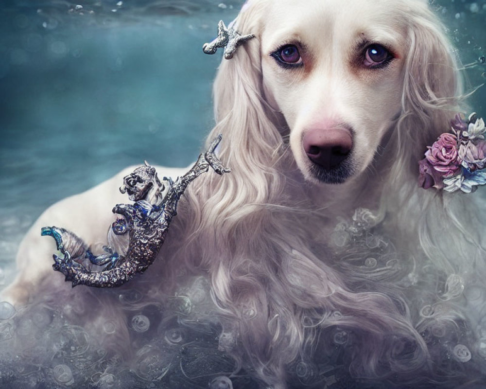 Dog with mermaid tail, starfish, and floral details in underwater scene