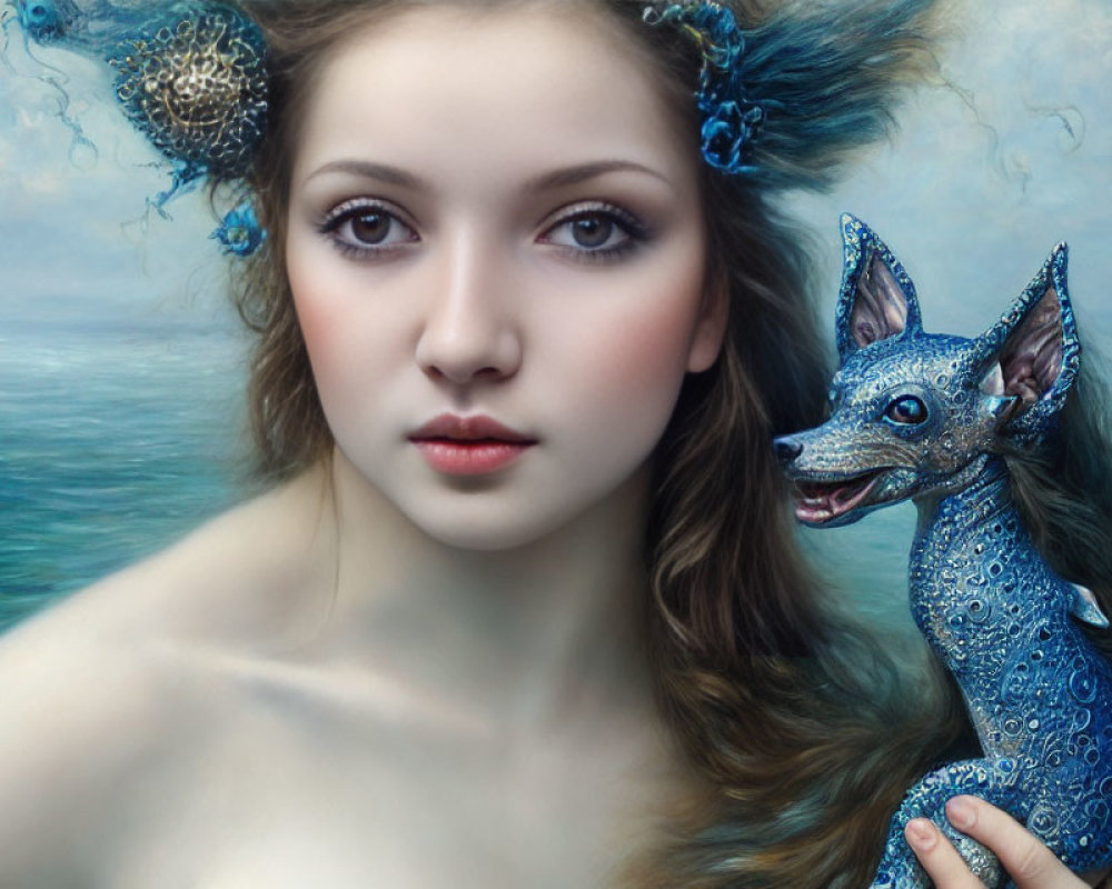 Ethereal woman with blue fawn creature in intricate patterns