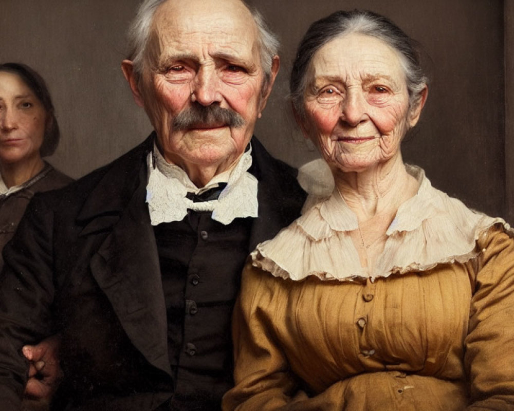 Realistic portrait of elderly couple in black and gold attire with blurry figure