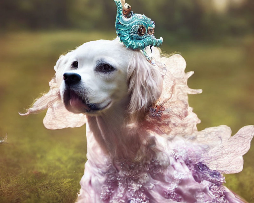 White Dog in Pink Dress and Turquoise Mask on Grass Background