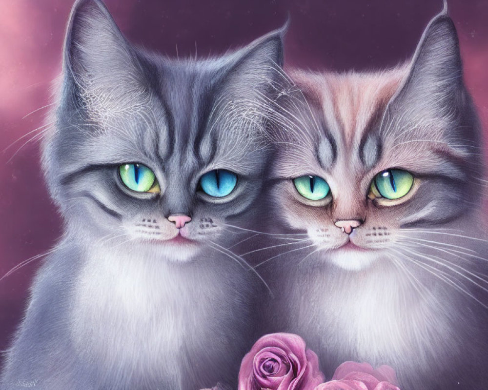 Fluffy cats with green and blue eyes on pink background with roses