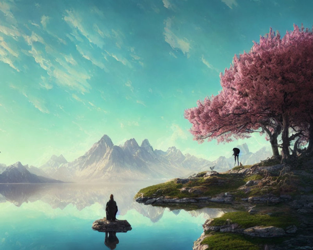 Tranquil mountain range with cherry blossoms and reflective lake