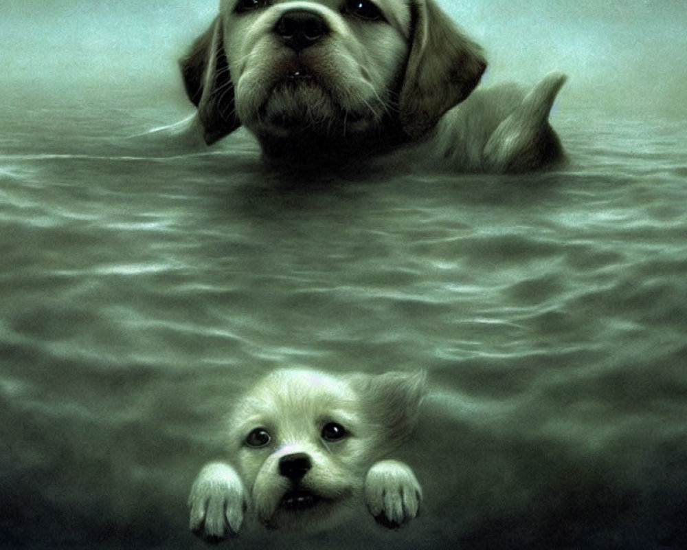 Two dogs swimming in water, one looking at viewer, one partially submerged