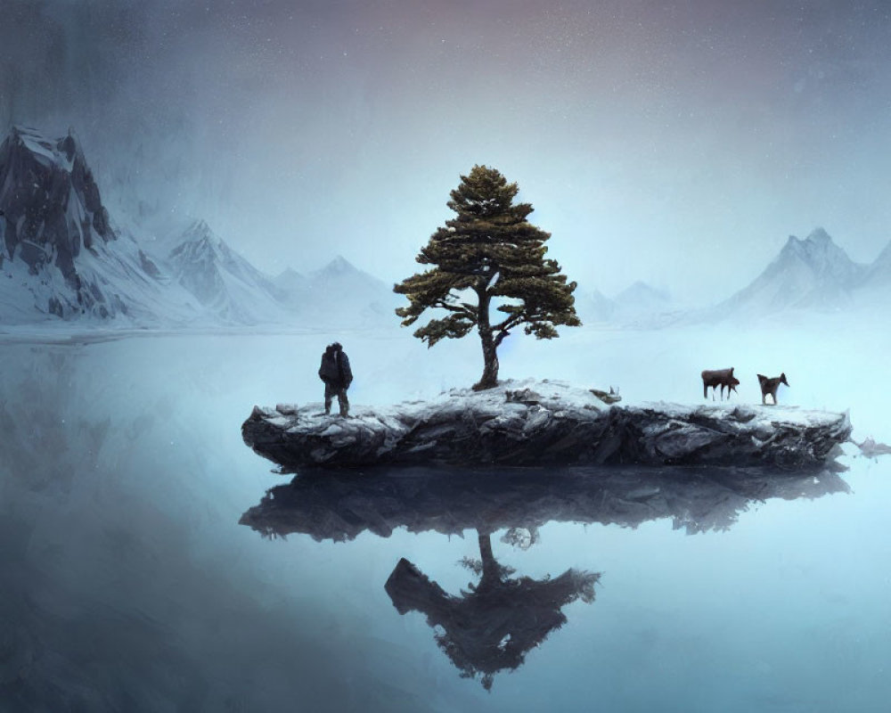 Solitary figure, two wolves, icy plateau, lone tree, distant mountains landscape