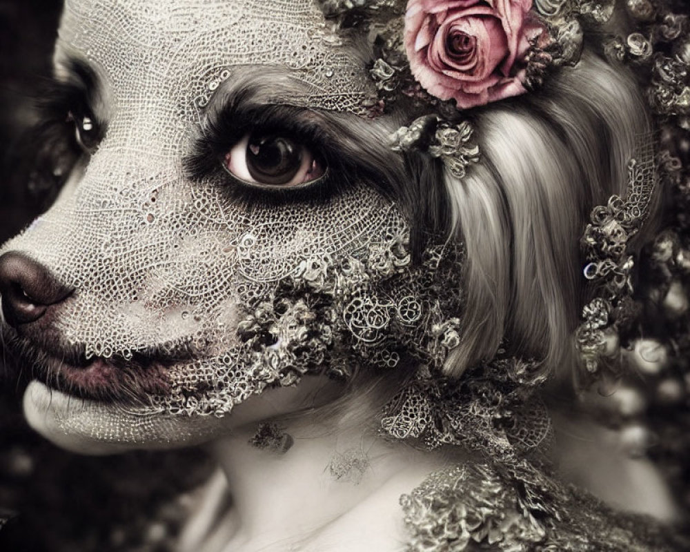 Detailed artistic makeup resembling a dog with lace and floral adornments.