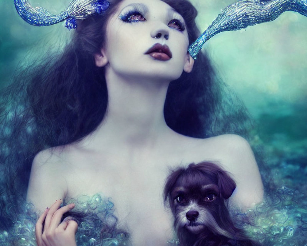 Portrait of woman with fantasy make-up and spiraled horns, accompanied by dog on teal background