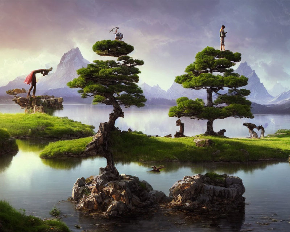 Surreal landscape with people on oversized bonsai trees by mountains and calm lake