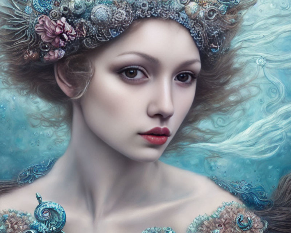 Surreal portrait of a woman with flowing hair and sea-themed adornments