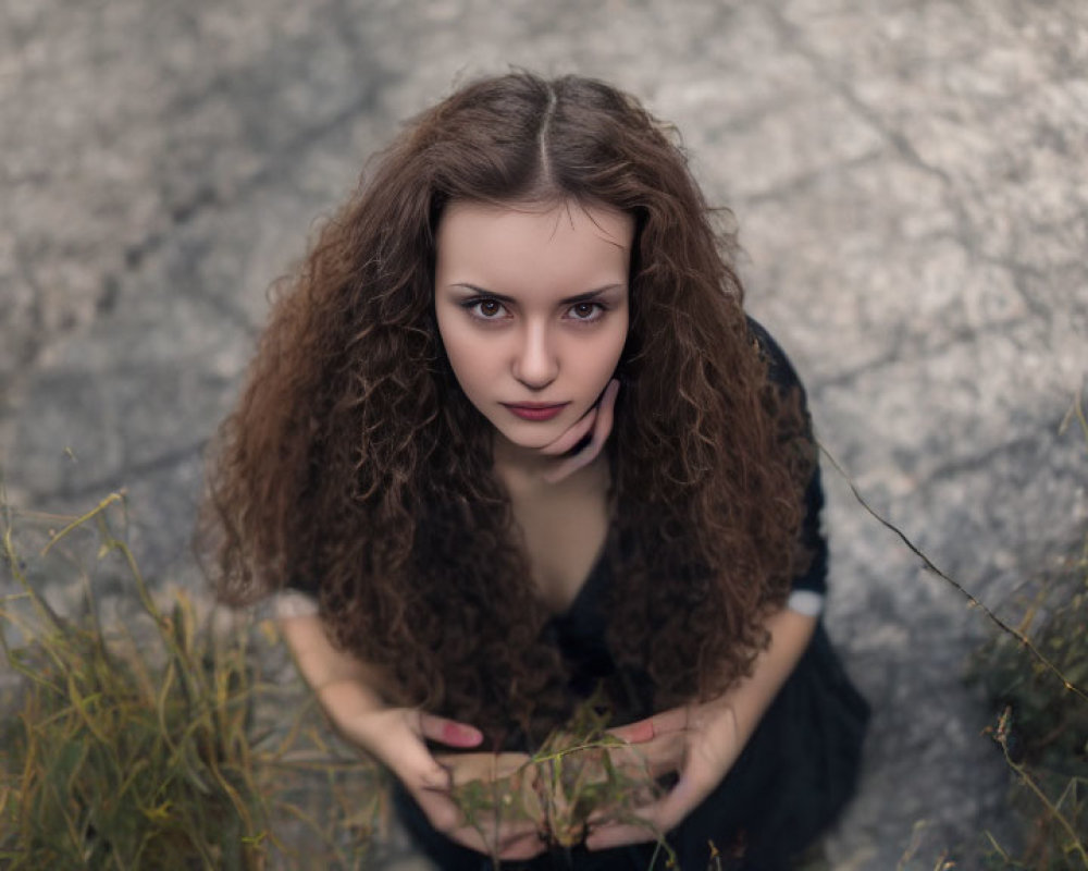 Curly-haired woman sitting on ground surrounded by grass on textured surface