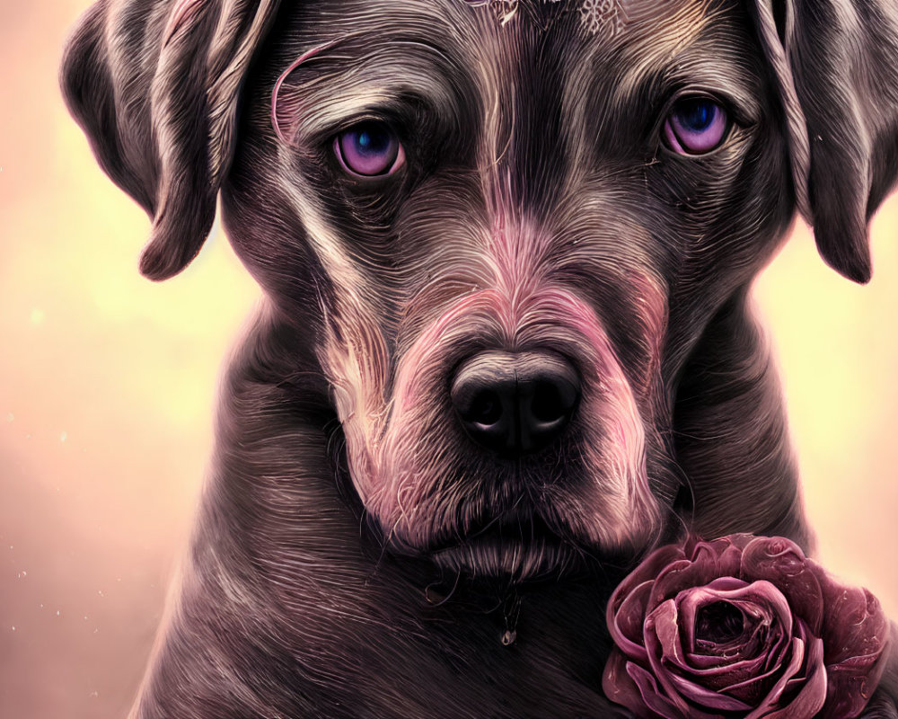 Digital Artwork: Dog with Soulful Blue Eyes and Rose on Neck