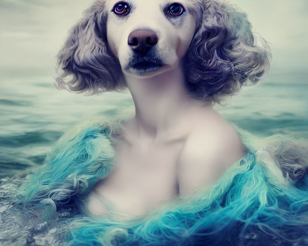 Surreal creature with dog head and human body in ocean setting