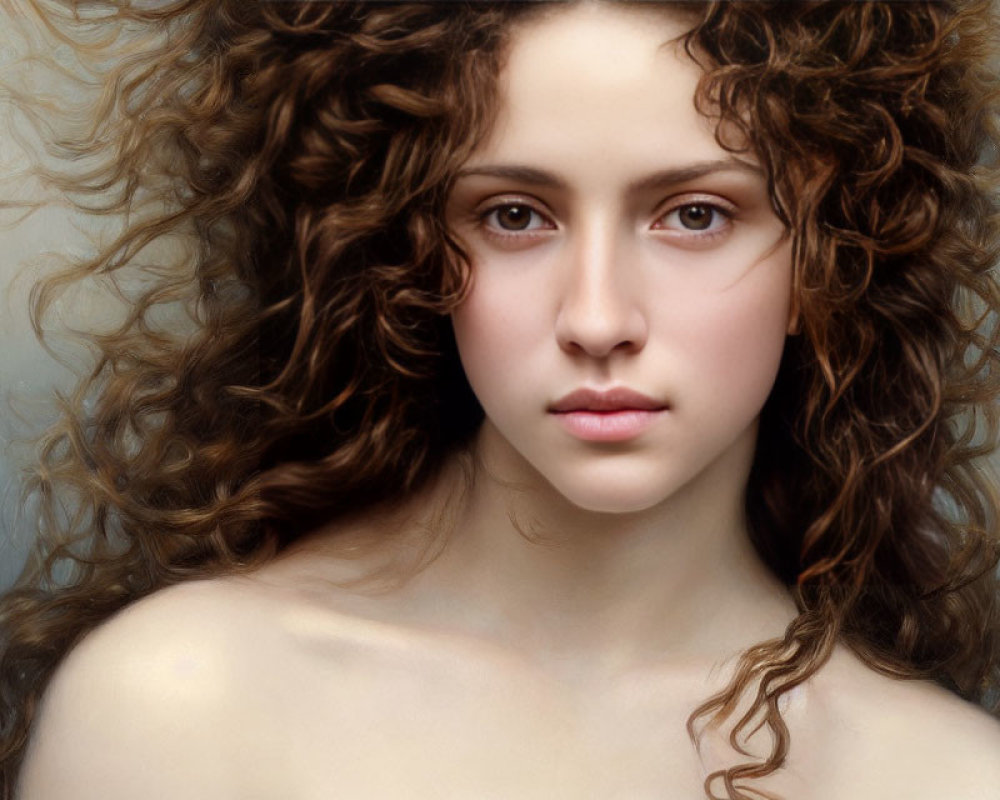 Portrait of woman with voluminous curly brown hair and fair skin.