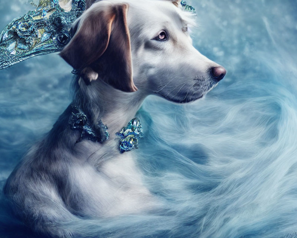 Decorative dog with headpiece and collar in blue water-like surroundings