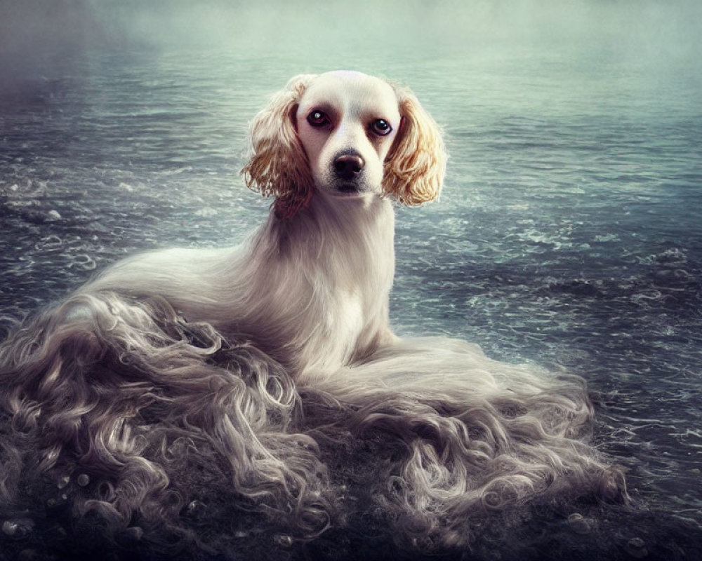 White and Tan Long-Haired Dog Sitting in Misty Background