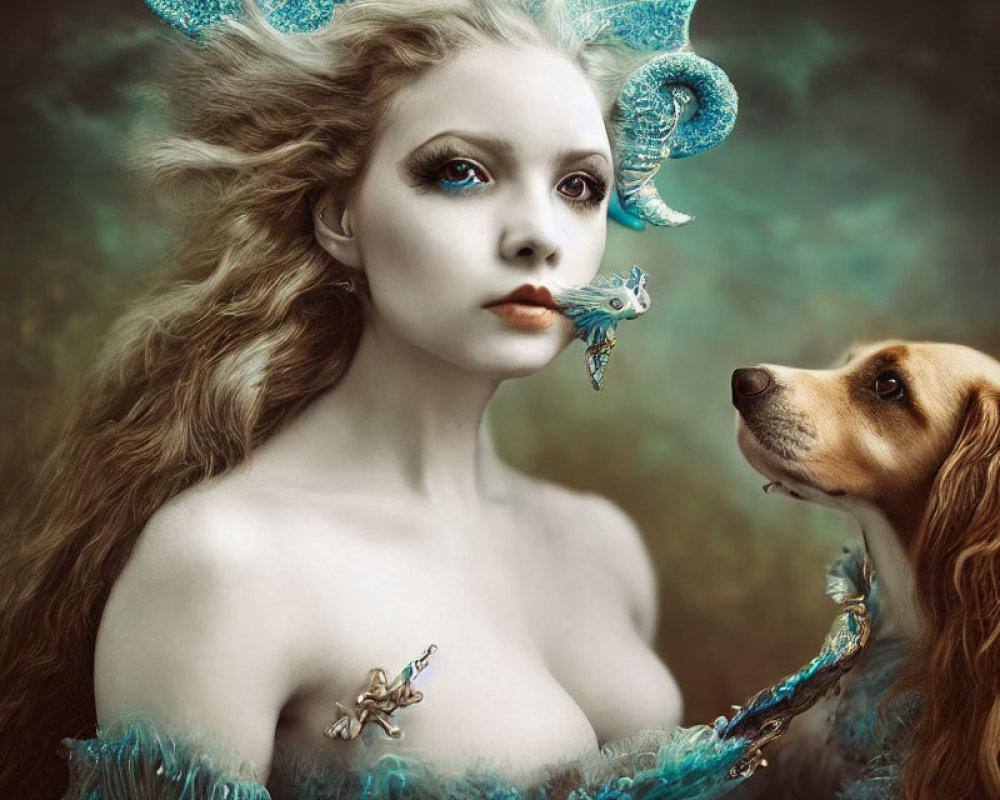 Fantastical portrait of a woman with sea-themed makeup and attire, gazing at a dog on