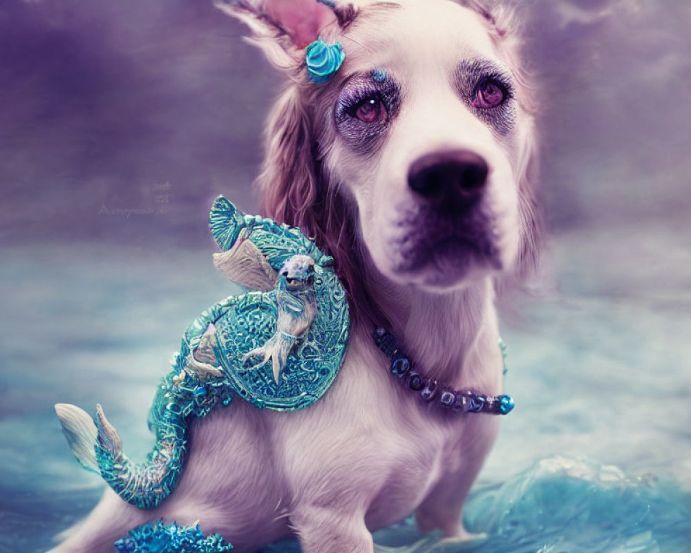 White Dog in Mermaid Costume with Seashell Accessories on Teal Tail