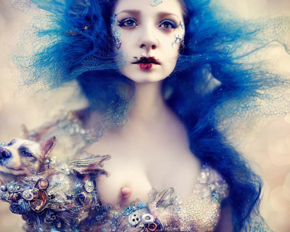 Vibrant blue hair woman with ornate makeup holding a small dog in shimmering bokeh.