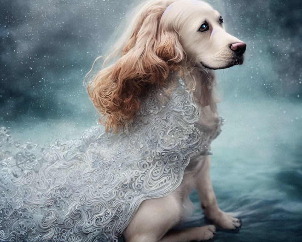 White and ginger dog with lace pattern in misty backdrop