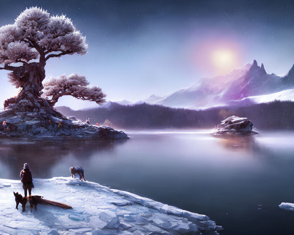 Person with Two Dogs by Frozen Lake and Majestic Tree in Twilight Scene