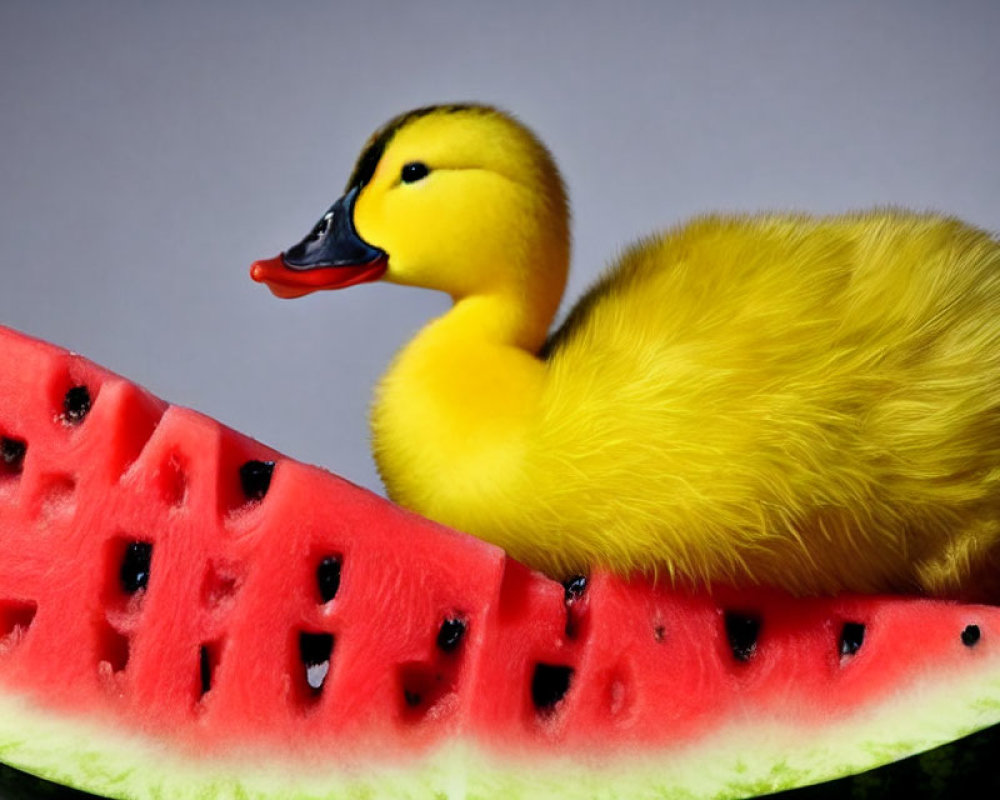 Yellow Rubber Duck on Red Watermelon Slice Against Grey Background